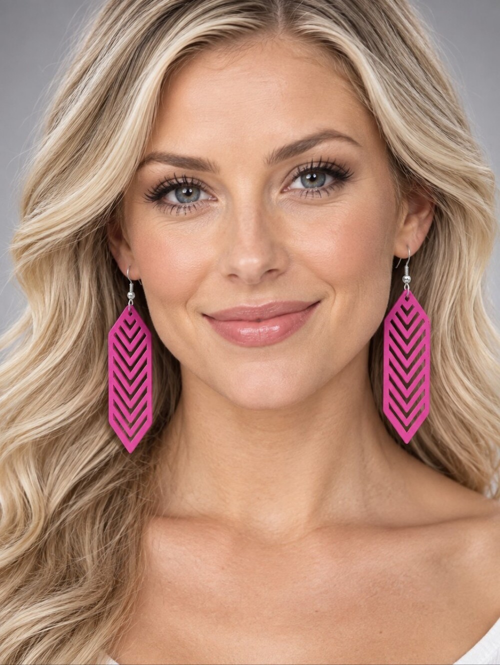 Bright Pink Wooden Geometric Cutout Boho Earrings